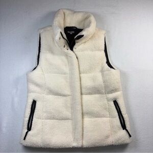 T By Talbots Faux Sherpa Puffer Vest Quilted Ivory Black Trim Large Snap Zipper
